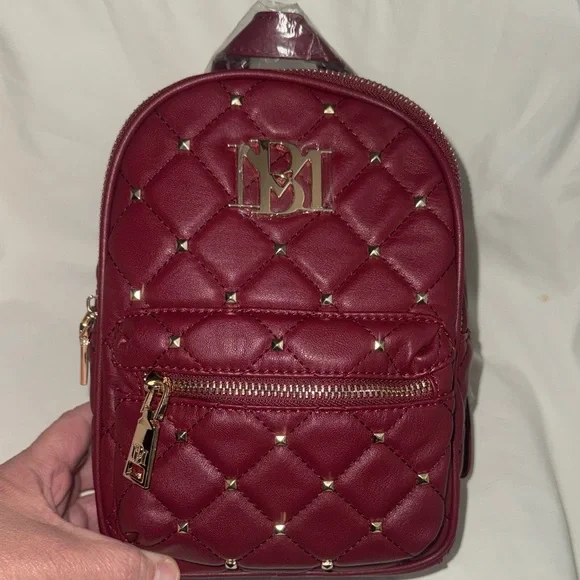 Badgley Mischka Burgundy Quilted Mini Backpack with Gold Accents - Picture 2 of 12